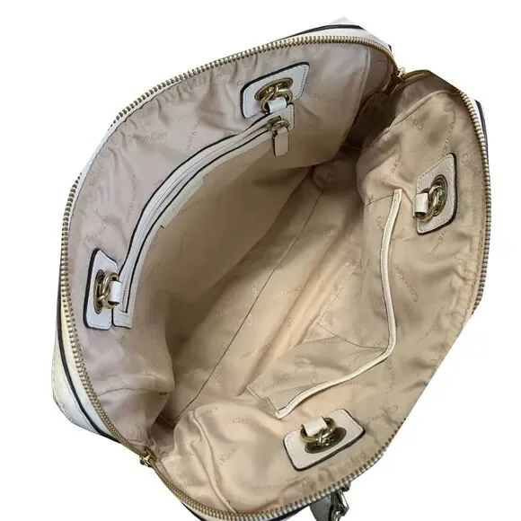 Calvin Klein Quilted Cream Leather Satchel with Tassel and Gold Chain Handles - Picture 8 of 14